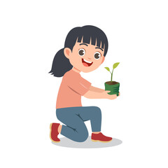 Cute little girl holding tree seeds, world environment day vector illustration