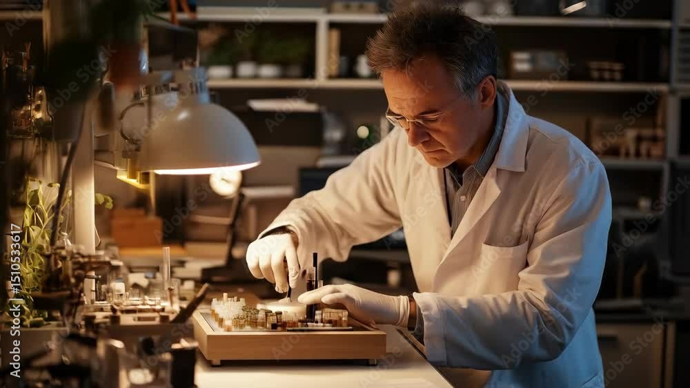 Poster scientist in lab coat meticulously working with samples in a dimly lit laboratory.