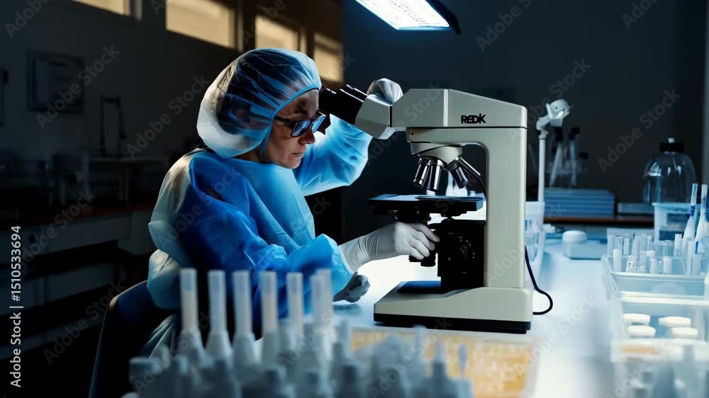 Fototapete scientist in a lab coat using a microscope during research.