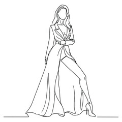 Fashion Woman Line Art Vector - Elegant Continuous Drawing of a Female Model in a Trench Coat, Ideal for Style and Apparel Design