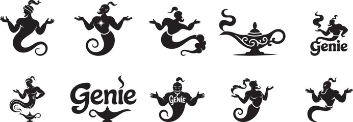 Magical genie silhouettes lamp icons set design. eps-10