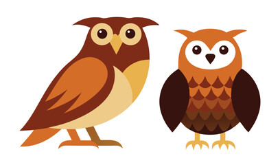 Naklejka premium Two Brown and Tan Cartoon Owls Standing Side by Side on White Background