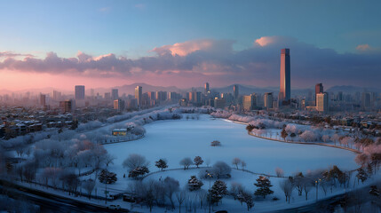 Fototapeta premium sunrise over the river with a city skyline