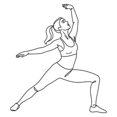 Minimalist Line Art Drawing of Woman in Warrior Pose (Virabhadrasana I) - Yoga, Fitness & Wellness Vector Illustration