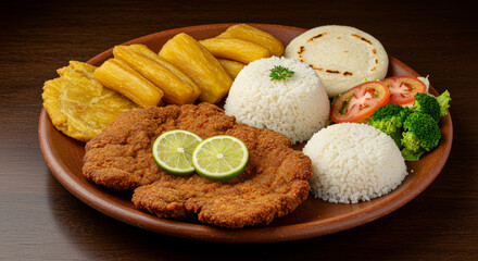 Pork chop with fried yuca and rice
