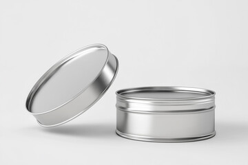 A realistic open tin can with the lid raised up, white background, product photography, studio lighting, high resolution