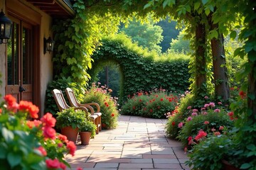 Fototapeta premium A charming and vibrant patio garden overflowing with colorful flowers and lush greenery, perfect for relaxation and outdoor enjoyment , vibrant colors, relaxation, foliage