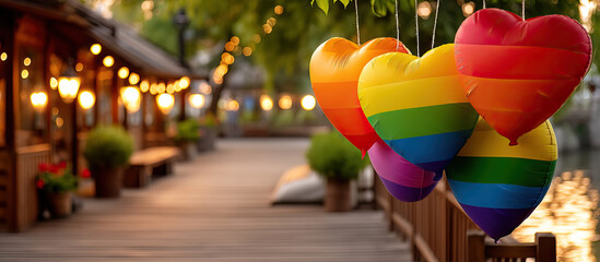 Rainbow heart balloons celebrate pride with vibrant colors hanging outdoors near wooden walkway in warm light
