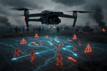 A drone surveys a war zone with a holographic map, highlighting threats and troop movements