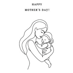 Happy Mothers Day Line Art Vector - Mom and Baby Caring Line Art for Mothers Day Theme