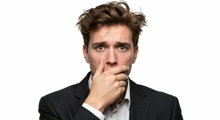 Distraught business man covering his mouth, expressing worry or shock on clean white background
