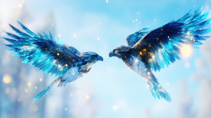 Two majestic birds soaring through a winter wonderland