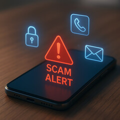 Fototapeta premium Phone displaying scam alert hologram message with floating lock, email, and call warning icons