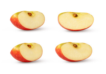 Red apple slice isolated. Set of cut apples on white. Pink apple piece with clipping path.