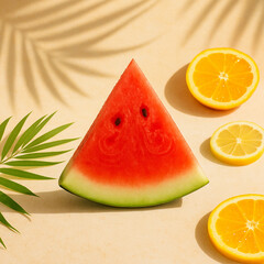 Front view flatlay of a single triangular slice of red watermelon with the green rind still attached, placed on a light summer-themed background. The scene includes bright natural lighting, tropical