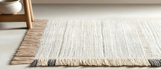 Beige Cream And White Woven Rug With Black Geometric Pattern