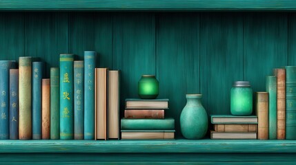 Bookshelf with vintage books and teal accents
