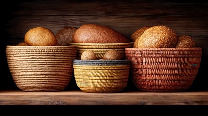 Bread in woven baskets on wooden shelf