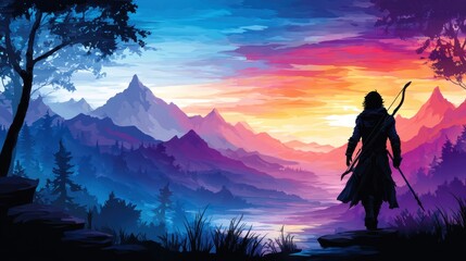 Silhouetted figure gazes at colorful mountain landscape