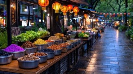 Street food stalls lined up along a pathway, lit by lanterns