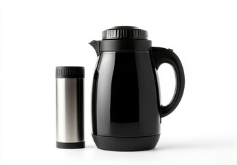 Black stainless steel water pot, with a handle, on a white background. Stainless steel thermos on the same white background