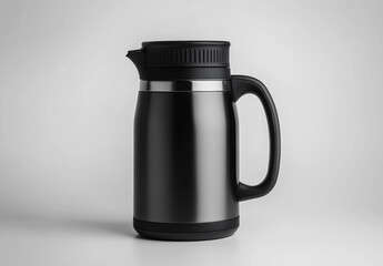 Black stainless steel water pot, with a handle, on a white background. Stainless steel thermos on the same white background