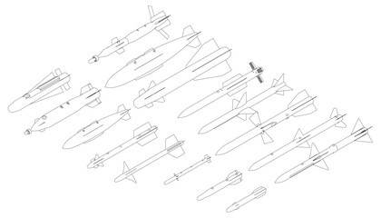 A series of black and white drawings of missiles and rockets. The drawings are all different sizes and shapes, but they all have a similar theme. Scene is serious and focused. Isometric view