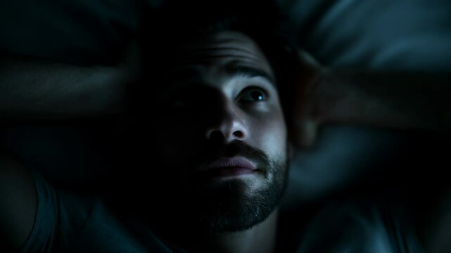 Struggles with insomnia at night as a man lies awake in bed reflecting on thoughts and worries during a dark moment
