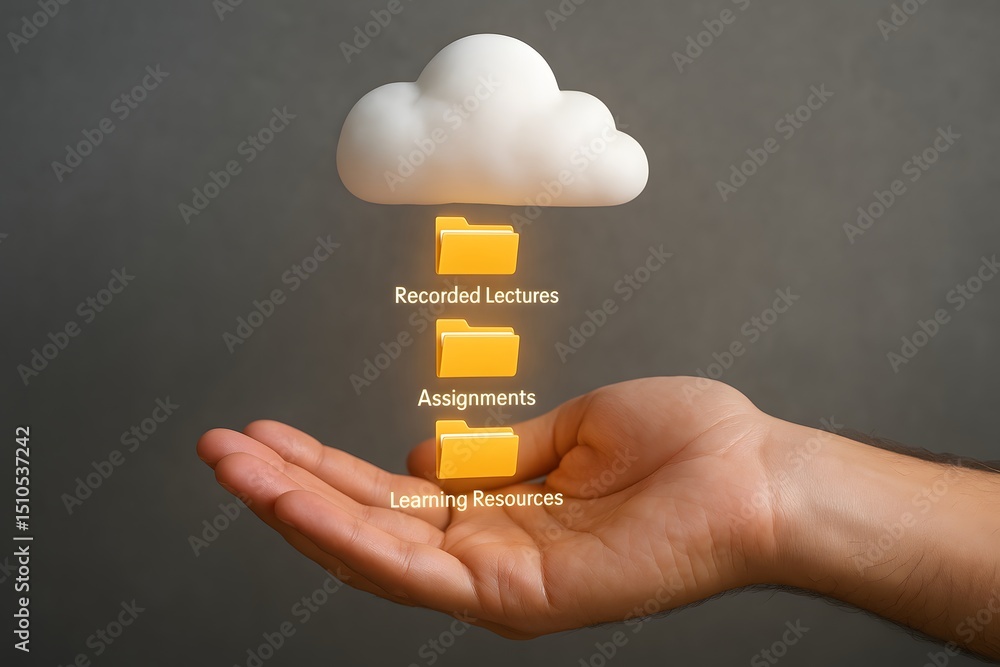 Poster a cloud of information represented over a hand, showing resources for learning