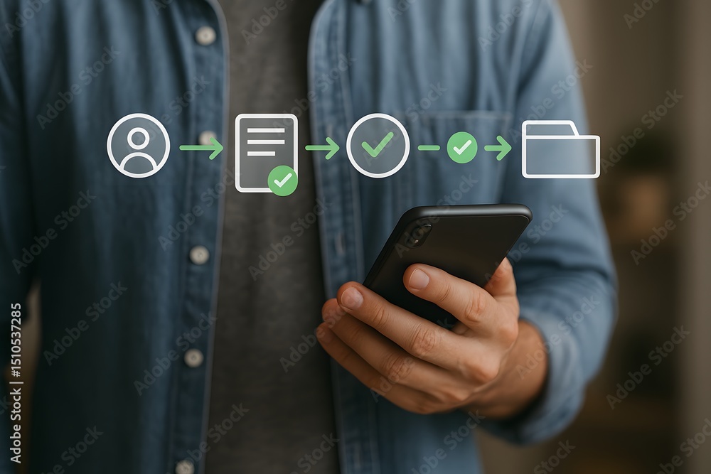 Poster person holding smartphone with digital workflow process displayed on screen. the image depicts a man