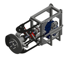 A mechanical device with a blue motor and a black wheel. The device is made of metal and has a grey color