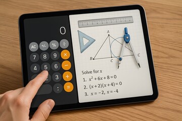 A hand interacting with a tablet, showcasing calculation and geometry concept 