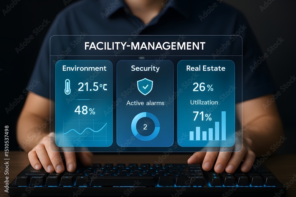 Poster modern facility management concept featuring a person interacting with digital display, showcasing r