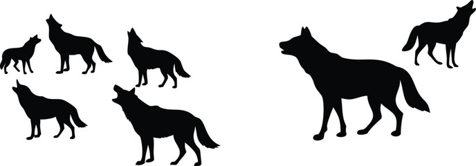Wolf pack howling silhouette vector illustration for wildlife animal nature designs art print