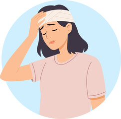 Illustration of a woman with a headache, head injury and pain.