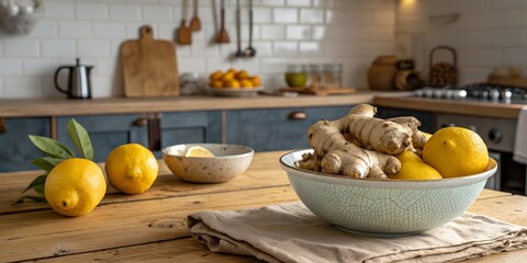 Healthy food photography background - Fresh ginger root and lemons in bowl on rustic wooden table in kitchen