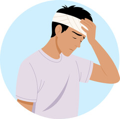 Illustration of a man with a headache, head injury and pain.