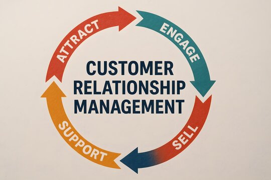 Customer Relationship Management circular diagram in marketing concept. The image showcases an intricate cycle representing a comprehensive customer journey 