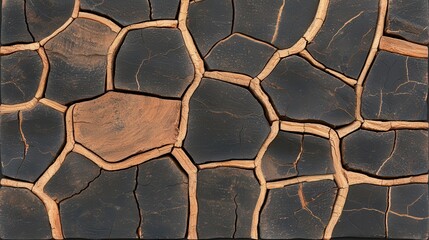 Textured Black Stone Pavement with Irregular Shapes Outlined by Tan Grout Background