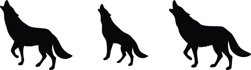 Three howling wolf pack silhouette vector illustration wild animal design element graphic art