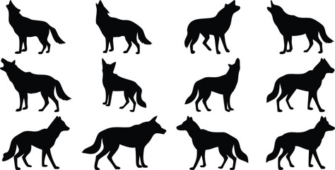 Wolf silhouette vector pack: howling, standing, walking, and running wolf silhouettes art