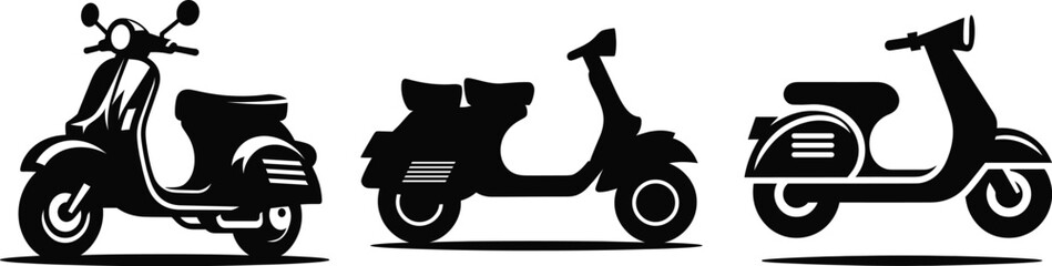 Three vintage scooter silhouettes, classic design illustration © Chromatic Pulse