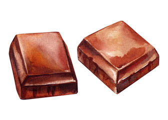 Watercolor chocolate pieces, hand painted sweet cocoa squares, realistic brown dessert food clipart isolated on white background
