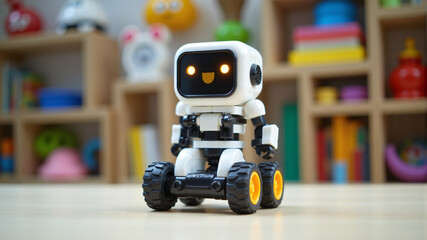 Fototapeta premium Cute Robot Toy with Wheels in Playroom