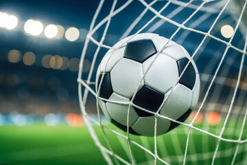 Naklejka premium Football ball hitting net in illuminated stadium, symbolizing goal, sports success, competition, teamwork, match excitement, athletic victory, dynamic action, night tournament