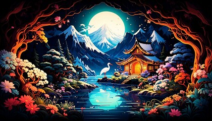 Fototapeta premium landscape, mountains in Japan, characteristic traditional Japanese house, snowy season, lake and cranes