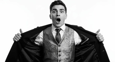 Astonished young man in vest and overcoat with open mouth on white background