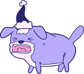 hand drawn line drawing of a dog barking wearing santa hat