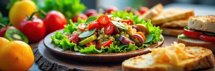 A vibrant spread of delicious lunchtime eatery fare, featuring fresh salads, sandwiches, and colorful fruit Perfect for healthy eating and quick lunch options , autumn, cuisine, light