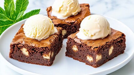 Three Chocolate Brownies with Vanilla Ice Cream on White Plate